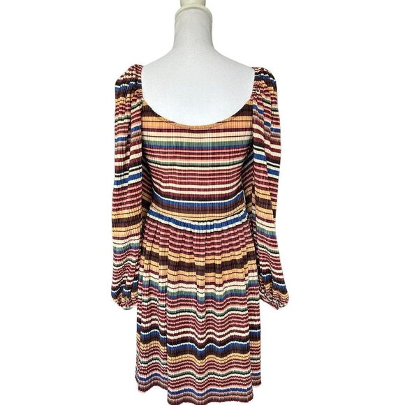 Zara Dress Fall Colors Striped Pleated Empire Waist SZ Medium Square Neck - Picture 2 of 12